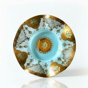 Large Venetian Turquoise Glass Hand Painted 24k Gold Barbini  Bowl